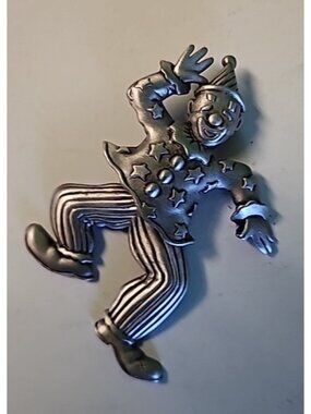 Vintage JJ Brooch Pin Clown Figural Pewter Articulating Dancing Signed See Pics